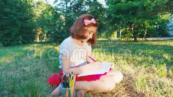 穿红色裙子的小艺术家女孩画了一幅画视频的预览图