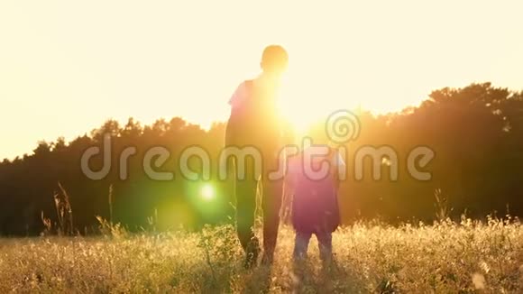 一个游客的两个兄弟背着背包走着在日落时慢动作地牵着手快乐的孩子在大自然中行走视频的预览图