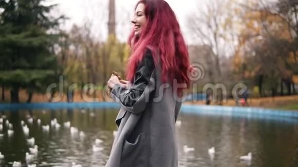 秋日公园池塘边一个穿着温暖外套的快乐微笑的女人在给海鸥喂食慢镜头视频的预览图