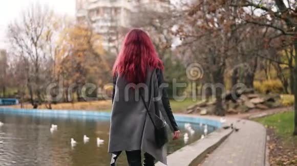迷人的女人红头发在一个有人工湖的公园里走来走去她转过身来微笑着走向视频的预览图
