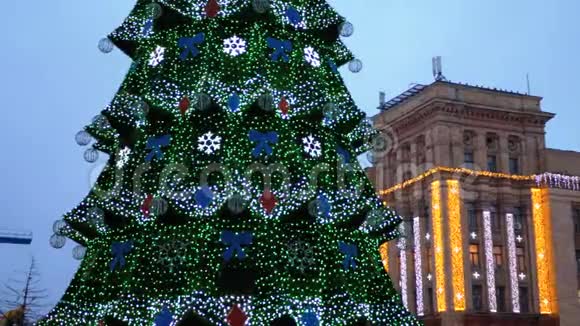 傍晚城市中心广场上的圣诞树视频的预览图