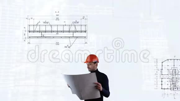 设计图纸和蓝图背景下施工头盔循环背景工程师视频的预览图