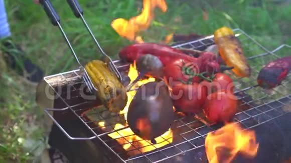 厨师在烤架上的火上准备蔬菜特写视频的预览图