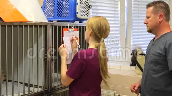 兽医诊所的一位年轻的女护士在一张贴在动物笼子上的剪贴板上写着纸医生是视频的预览图