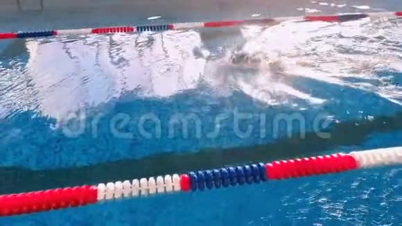 一名游泳运动员在游泳池中的空中射击上景视频的预览图