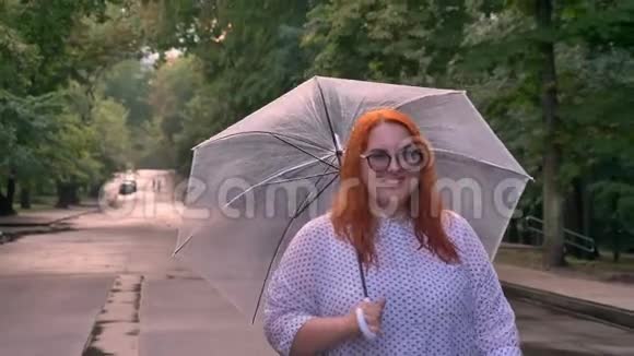 戴眼镜的肥姜女孩在雨天在公园里的路上撑着伞视频的预览图