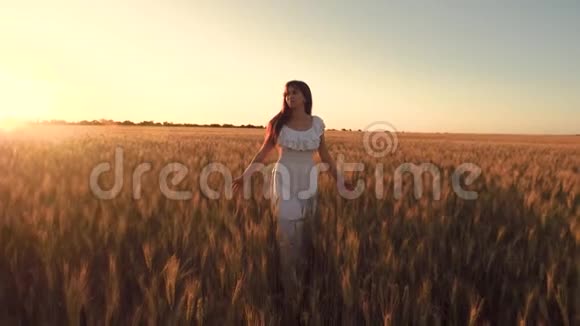 快乐的女孩长着长发带着金色的小麦穿过田野在夕阳的光芒和微笑中奔跑慢动作视频的预览图