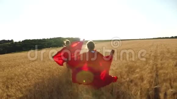 女孩们扮演超级英雄在阳光的照耀下带着小麦跑过田野慢动作视频的预览图