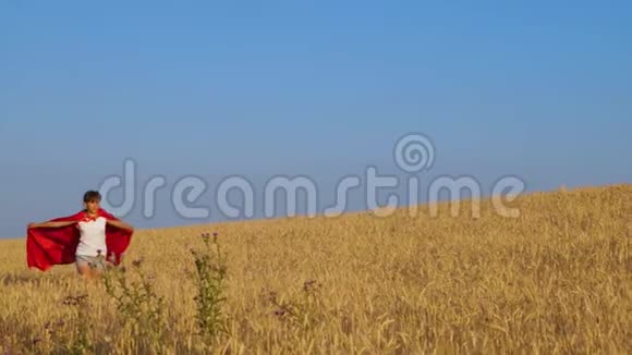 女孩扮演超级英雄跑过田野小麦在蓝天下视频的预览图