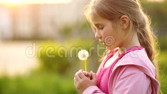 在度假的女学生暑假一个甜美的女孩吹在蒲公英上蒲公英的种子在风中飞舞儿童视频的预览图
