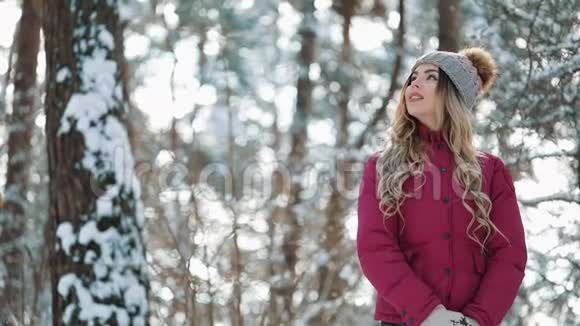 年轻微笑的女人享受冬天女人穿着温暖的衣服在寒冷的冬天的雪林里拍摄红色史诗视频的预览图