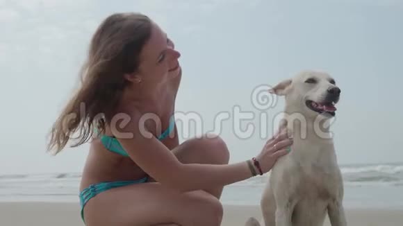 一个夏天美丽的女孩正和一只白狗在海边休息4K视频的预览图