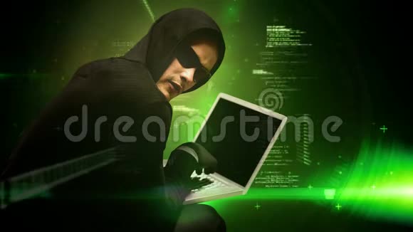 戴头罩的黑客入侵笔记本电脑的数字动画视频的预览图