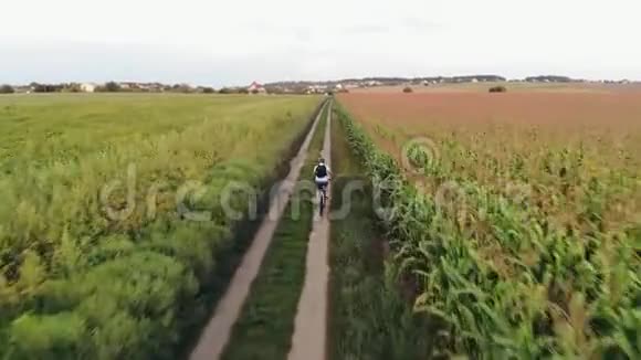 骑自行车的人沿着乡村公路的空中景色视频的预览图