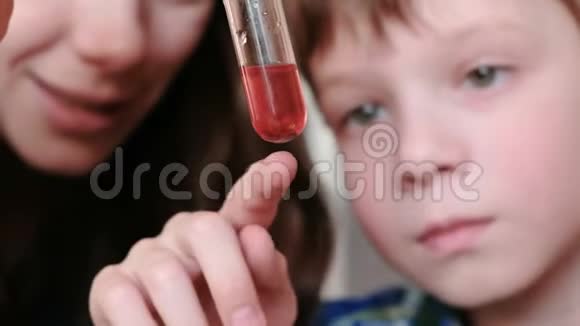 在家做化学实验男孩和他妈妈在试管里检查红色液体视频的预览图