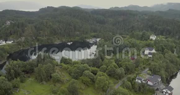 空中森林峡湾岸边有房屋水映树视频的预览图