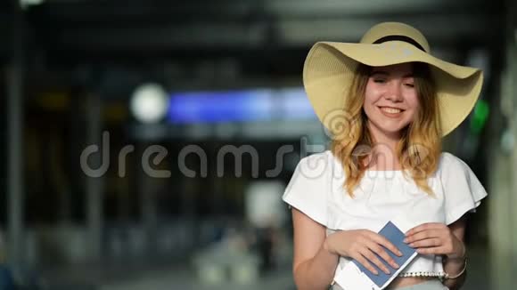 夏帽可爱少女的肖像持有她在机场的护照和机票旅行概念模糊的视频的预览图