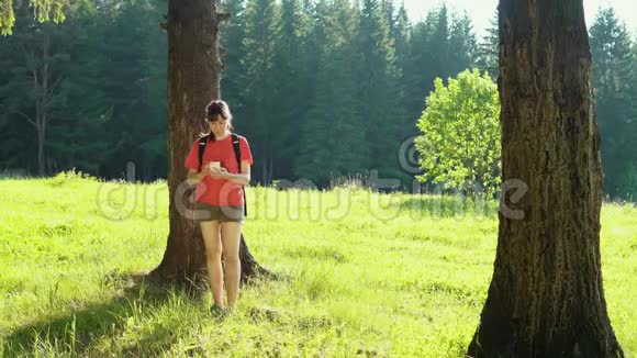 一个年轻的女人带着背包在夏天穿过森林视频的预览图
