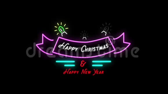 圣诞快乐黑色背景下的新年霓虹灯标志视频的预览图