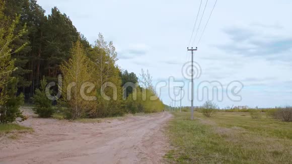 绿林之间的乡村道路和夏田电力线路视频的预览图