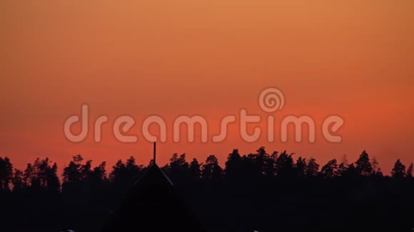 夏日森林树木的剪影与橙色夕阳的天空视频的预览图