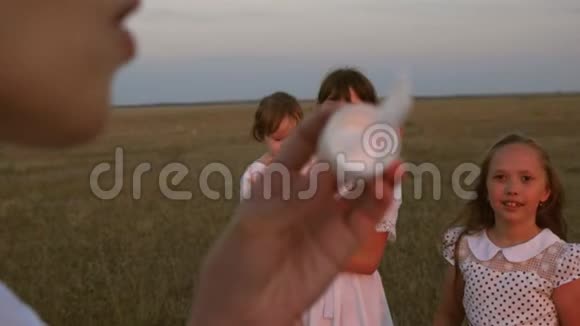 快乐的妈妈和孩子们一起吹肥皂泡夏天孩子们在公园里捉泡泡笑慢慢视频的预览图