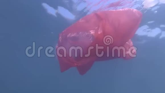 塑料污染一个废弃的红色塑料袋慢慢地飘着水母在蓝色的靠近游泳的两个果冻视频的预览图