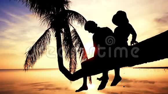 年轻快乐的父亲的剪影和他的女儿坐在一棵棕榈树上在美丽的灿烂日落玩得开心视频的预览图