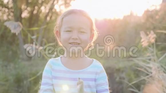 可爱的小女孩在自然放松的同时尽情地吹蒲公英种子视频的预览图