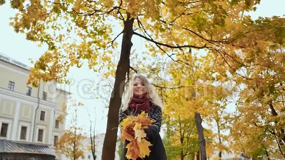 一个漂亮的小女孩高兴地举起一臂的秋叶城市公园的秋天秋天的乐趣视频的预览图