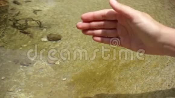 在阳光明媚的日子里女人慢慢地把手放在冷水里女性手触摸清澈的水面视频的预览图