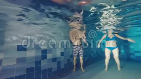 一家人正在游泳池里游泳在水下联合潜水在水下游泳一次成功的尝试视频的预览图