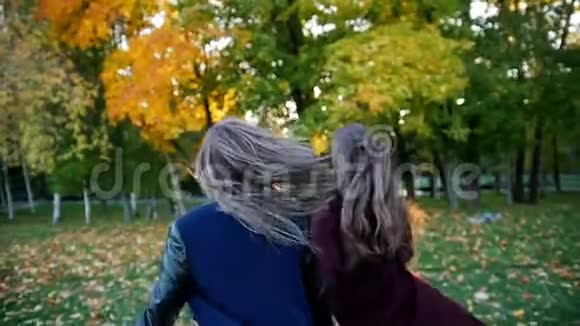 快乐的女孩牵着手跑在秋天的公园里视频的预览图