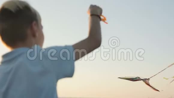 一个男孩在大风中放风筝在背景中风筝在天空中飞翔视频的预览图