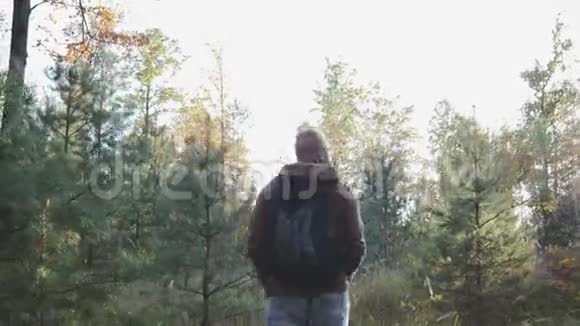 年轻人在秋天的森林里散步在森林里徒步旅行视频的预览图