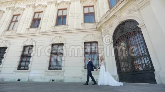 美丽的年轻新娘和她英俊的新郎在贝维迪尔宫散步高清视频视频的预览图