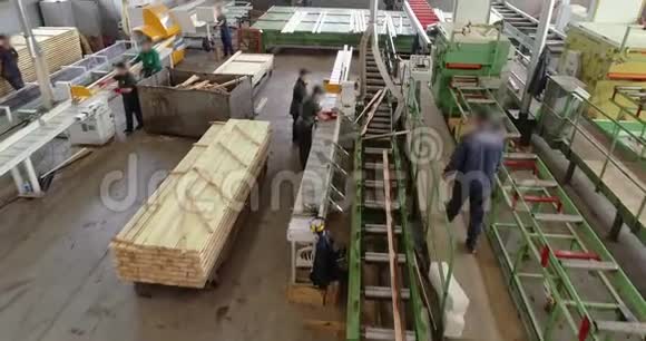 在木工工厂顶部的传送带上加工木材一家现代木工工厂的建筑视频的预览图