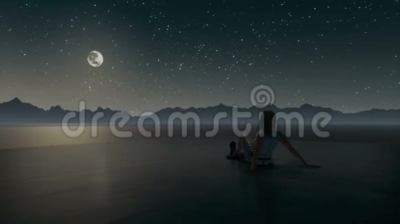孤独的女人看着夜空超现实的风景视频的预览图
