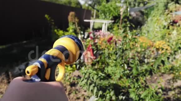 为花圃手工花园洒水器浇水的女人视频的预览图