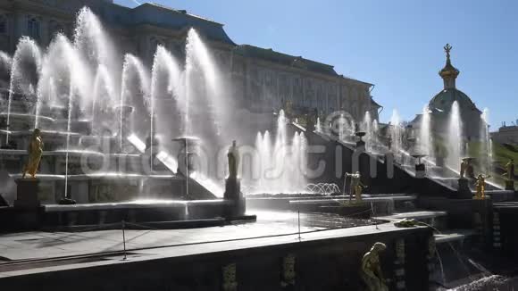 在一个有金色雕像的大喷泉背景下的宫殿景色视频的预览图