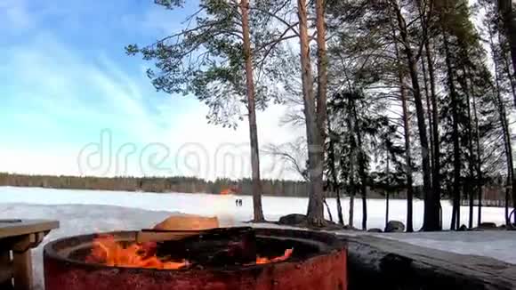 在阳光明媚的日子里用木头烧烤火在白雪覆盖着树木的土地上在美丽的风景有着冻结的湖泊视频的预览图
