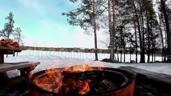 在一片白雪覆盖着树木的土地上烧烤用干柴烧烤用的火在冰封的湖泊后面有美丽的风景视频的预览图