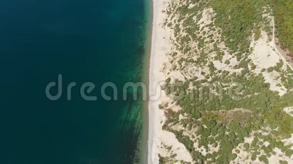 海洋海岸线有悬崖森林和清澈的蓝色水从无人机上景空中景观视频的预览图