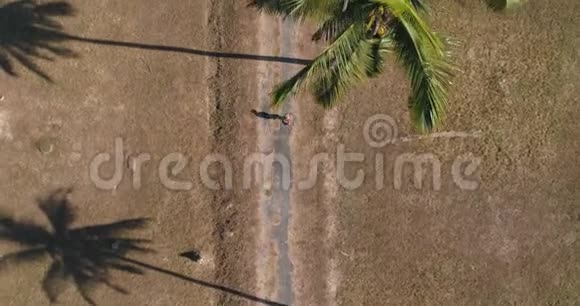 空中一个女人走在棕榈树林之间的路上垂直方向视频的预览图