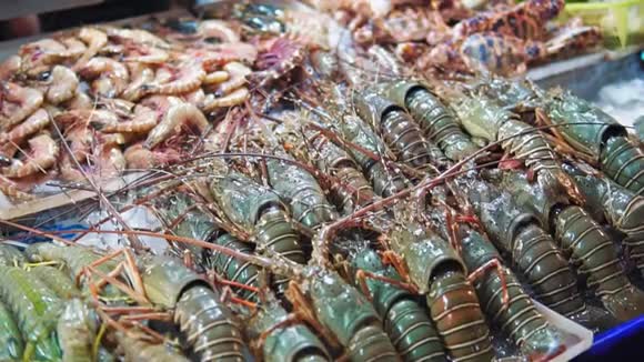 新鲜的龙虾在冰上亚洲街头美食刺虾特写彩色artropods看起来很开胃活海鲜视频的预览图