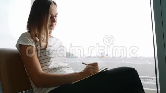 年轻女子在机场写日记视频的预览图