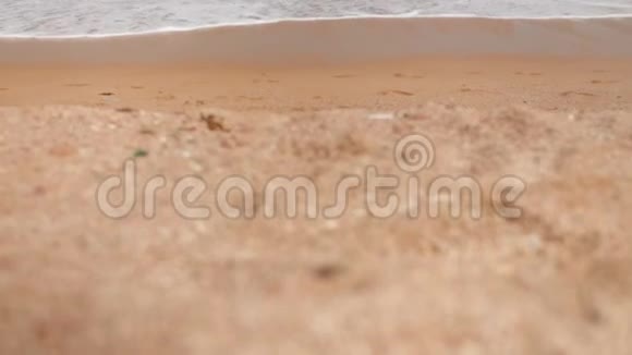 在阳光明媚的日子里金色沙滩上的蓝色海浪翻滚着4k慢镜头视频的预览图