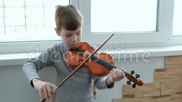 拉小提琴七岁的男孩在窗户附近拉小提琴前景视频的预览图