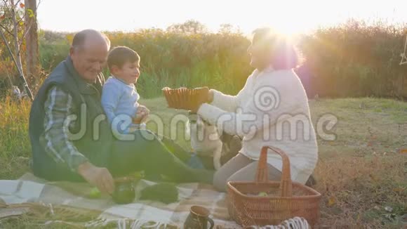 带着孙子孙女的祖父母坐在宠物附近的毯子上在秋天的大自然背景下野餐视频的预览图