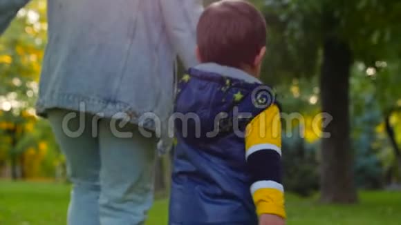 幸福家庭的概念快乐的母子牵着手奔跑着在公园的新鲜空气中玩耍在秋天视频的预览图